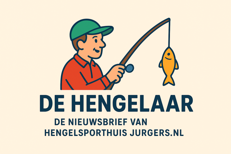 Jongen met pet, die een vis vastheeft aan een hengel met de tekst "De Hengelaar".